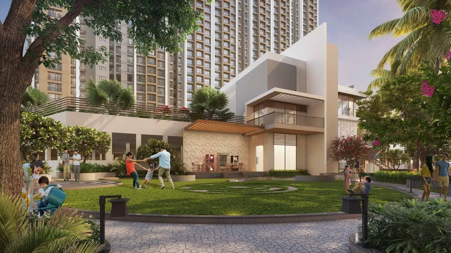The landscaped podium at Provident Palm Vista, with the lawn, the amenity pavilion and the towers behind, artist's impression