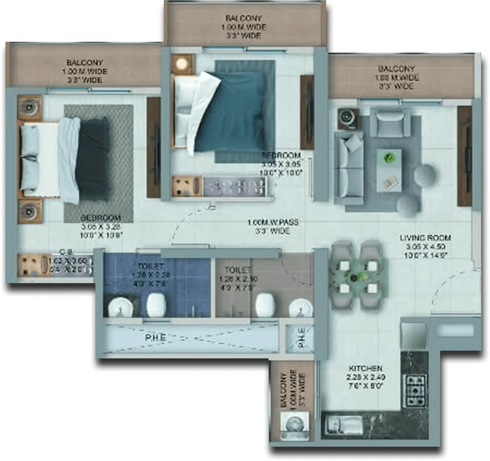 The 2 BHK unit plan at Provident Palm Vista, as published by the developer